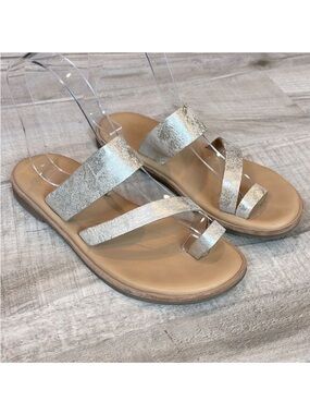 Kork-Ease Women's Metallic Slide Sandals silver marbled leather size 6